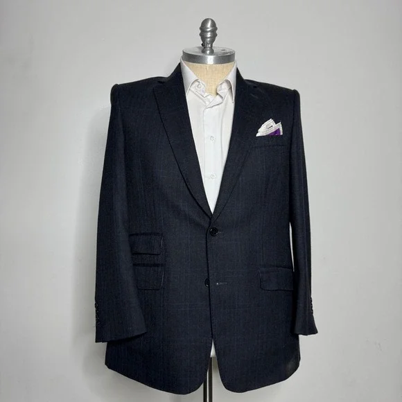 Custom Tailored Jacket Mens 44R Charcoal Grey Herringbone‎ Windowpane Blazer