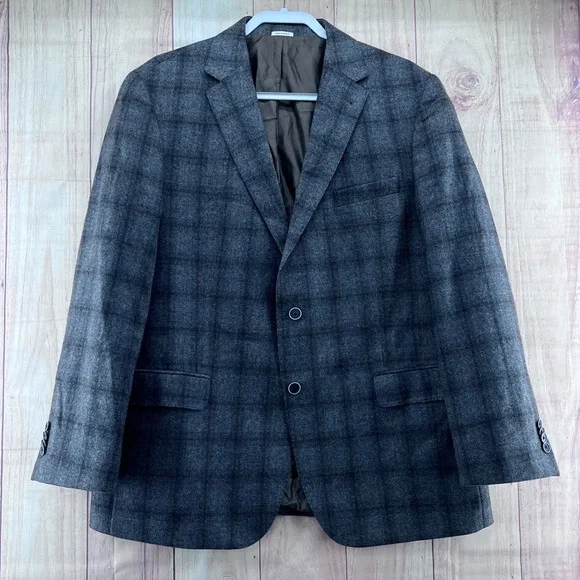 Joseph Abboud Sport Coat 46R Charcoal‎ Grey Wool Cashmere E. Thomas Plaid Blazer