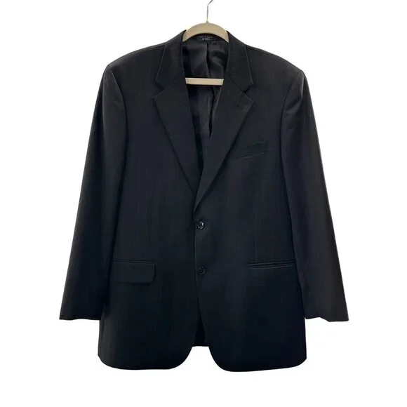 Tailors Row Mens‎ Pinstripe Black Wool Suit Jacket Blazer 46R Single Breasted