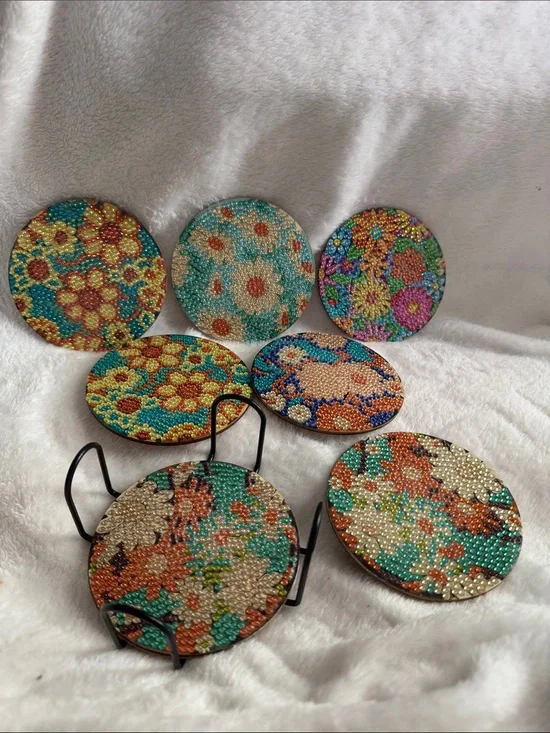 Handmade Beaded Floral Coaster Set  - Turquoise & Multicolor