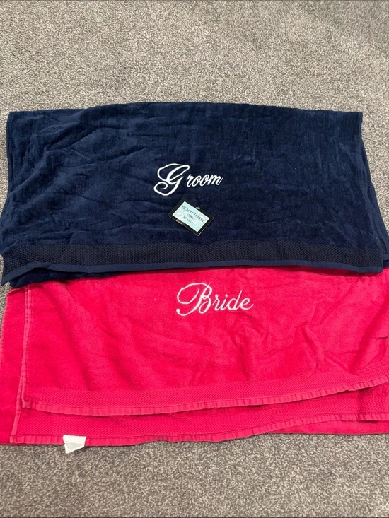 Groom & Bride Embroidered Towels - Navy & Hot Pink
