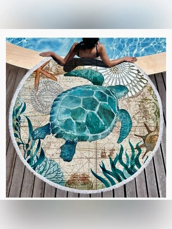 Extra Large Round Beach Towel Blanket * Sea Turtle * Tassel Fringe * 60