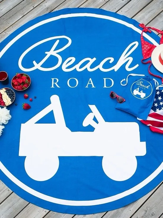 Beach Road Blue Round Beach Blanket / Sheet with Jeep