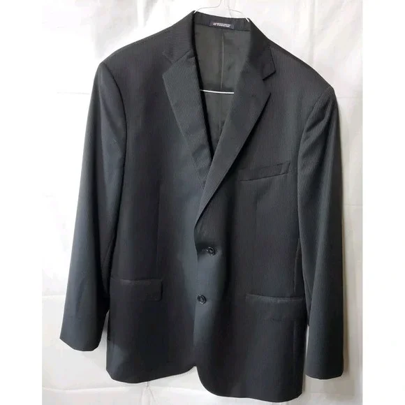 Vintage‎ Hart Shaffner Marx Blazer 46R Imported Fabric Black Pinstripe *Flaw*