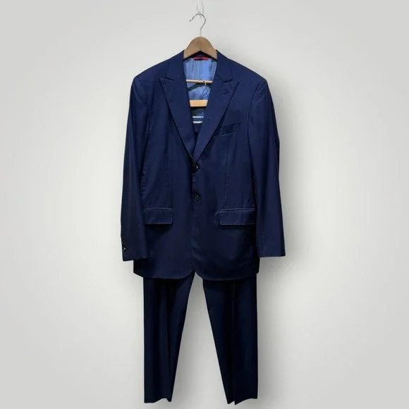 Isaia Napoli Men Blue Pinstripe 160's Aquaspider Wool‎ Suit 52 IT 42 US 8R