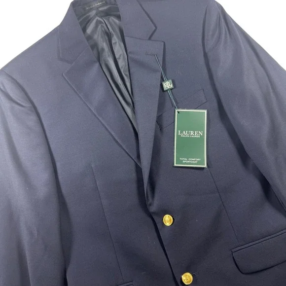 Lauren Ralph Lauren Total Comfort Sportcoat Mens 38R Navy Blue Wool Gold Button