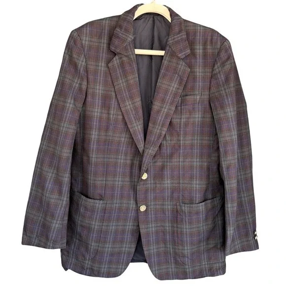 90s Vintage Burberrys Plaid Blazer Pure Wool Sport Coat Men's Blue green‎