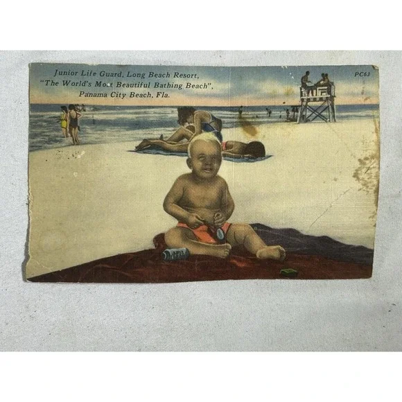 Vintage Panama City Beach Florida Junior Lifeguard Long Beach Resort Postcard 2c