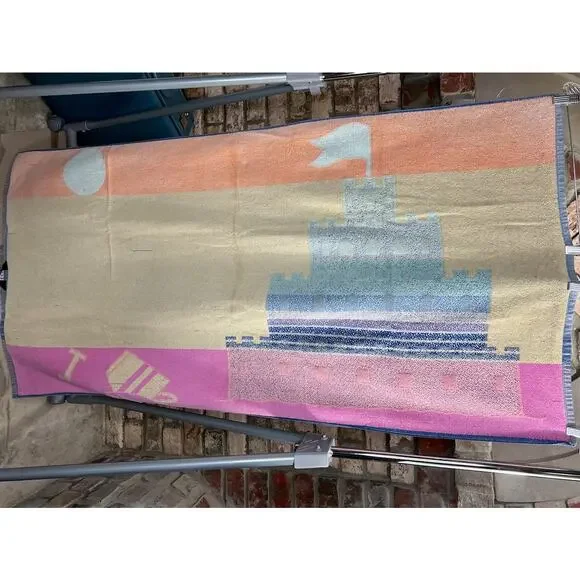beach towel sandcastle pink blue orange 1980s