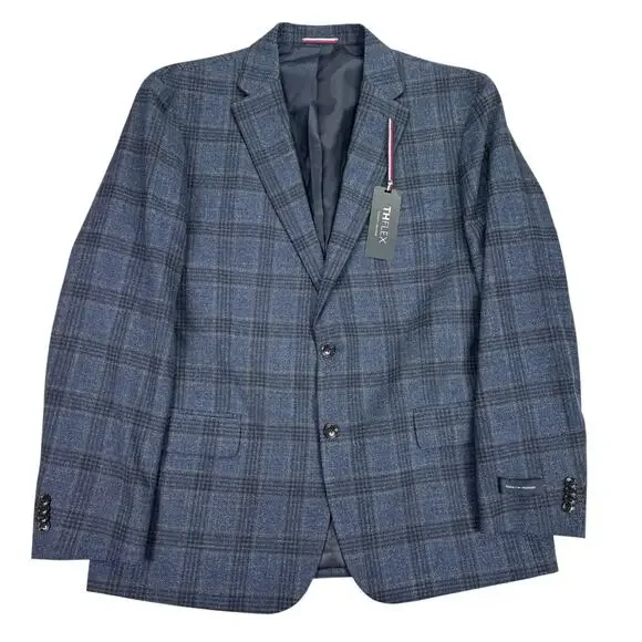 Tommy Hilfiger Mens TH Flex Modern Fit Conrad Plaid Sport Coat Navy Brown 46R