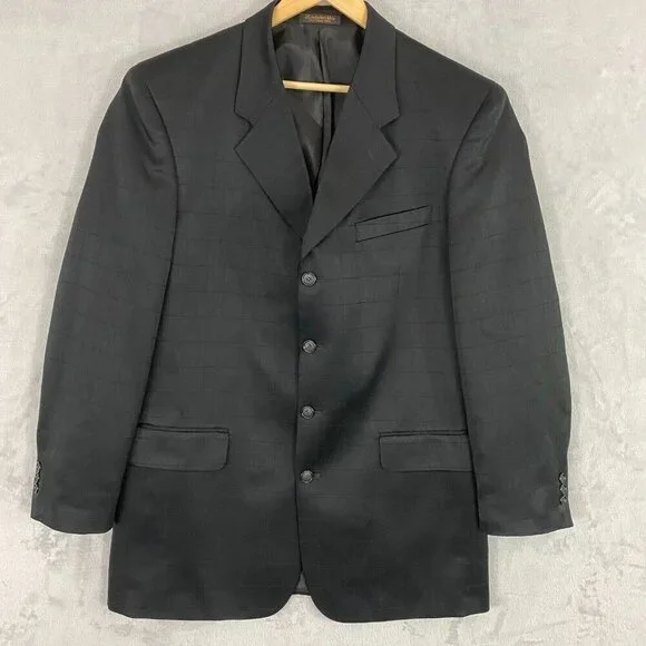 Zandello Blazer Men's Size 42L Black Plaid Suit Jacket‎ Sport Coat Ventless