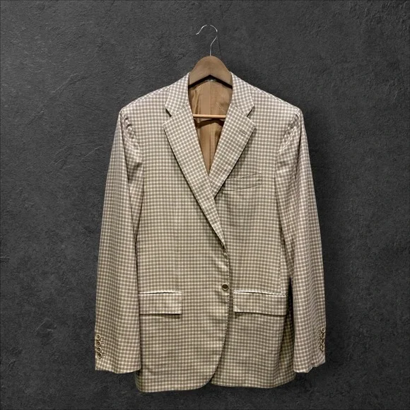 Kiton Napoli 100% Cashmere Gingham Sport Coat Blazer Tan White Mens 52‎ IT 42 US