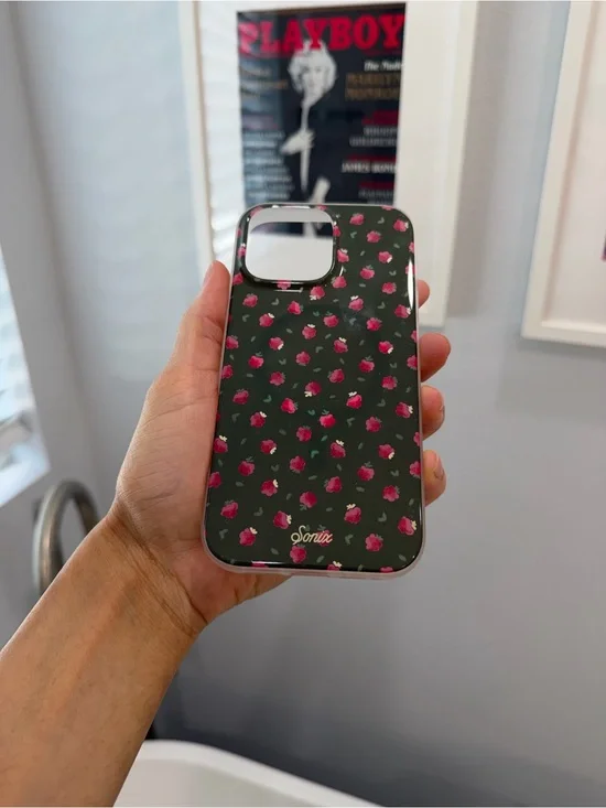 Sonix Dark Green Phone Case with Pink Rose Print- 16 Pro Max