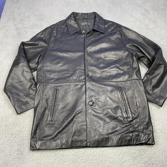 Uli‎ Knecht Jacket Mens 50 Black Lamb Nappa Leather Car Coat Button Front Lined