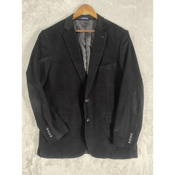 Stafford Blazer Mens‎ 46 L Black Corduroy Classic Fit Sport Coat Elbow Patch