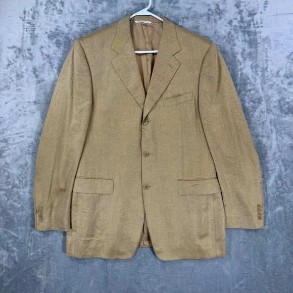 Canali Mens 3 Button Blazer Sport Coat Size 52 L Tan Bamboo Rayon Saks Fifth Ave