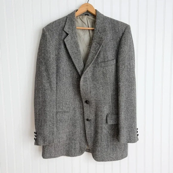 Harris Tweed vtg black white‎ herringbone wool men's sport coat jacket