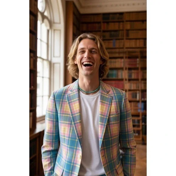 Shinesty The Burnished Broker Plaid Pastel Stretch Blazer 40 R‎ 2 Button Pride