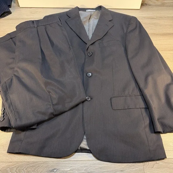 Mens Oscar De La Renta Black Wool Pinstripe Suit Sz 42R Blazer‎ 36x30 Pants