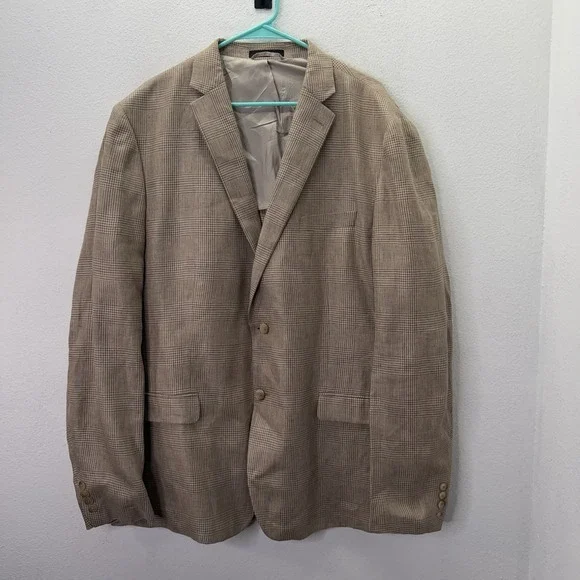 Ralph Lauren Sport Coat Blazer Mens Size 48 L Tan 100% Linen Summer Jacket Plaid