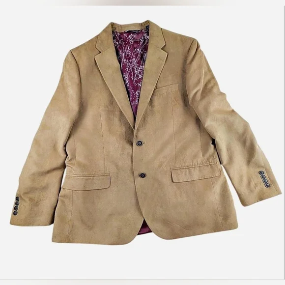 Nautica Mens The Branford Faux Suede Sport Coat Tan Maroon Lining 44R