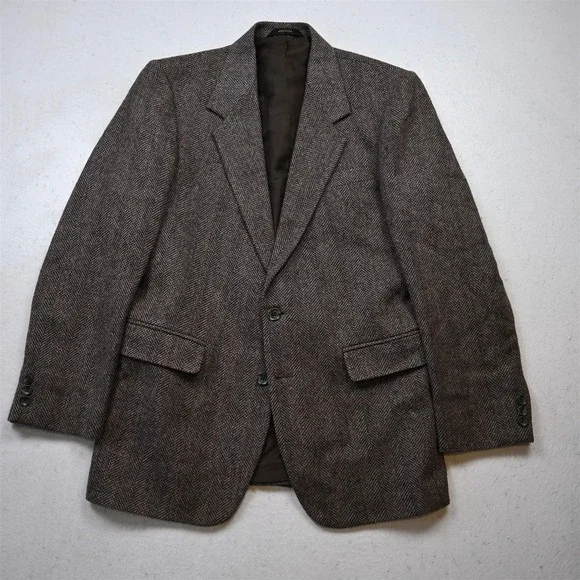 Vtg USA Made 38R Brown Herringbone Wool Tweed Mens Blazer Suit Jacket Sport Coat