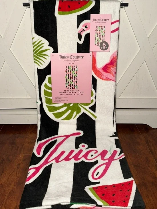 Juicy Couture Black & White Striped Flamingo & Watermelon Beach Towel
