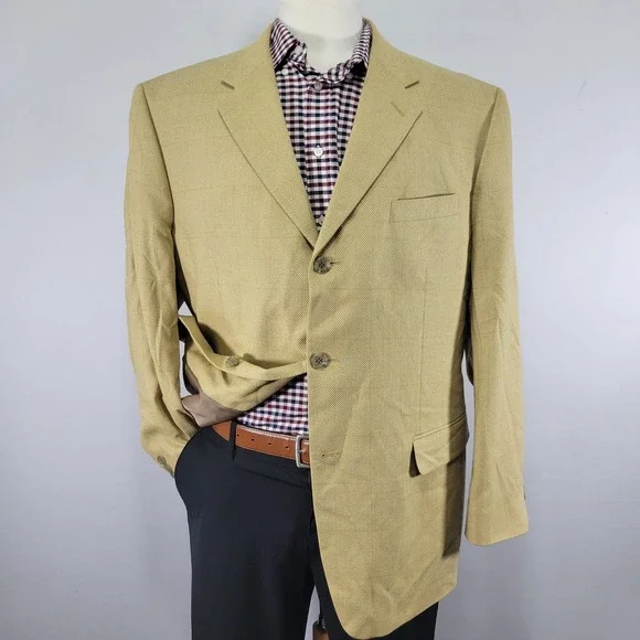 Jones New‎ York Men's Sport Coat Blazer Three Button Beige Plaid Silk Wool 44R