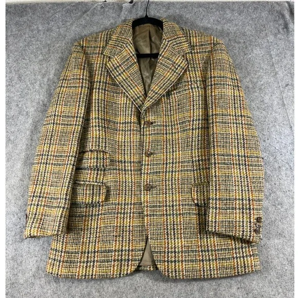 VTG 60s Harris Tweed Blazer Jacket Mens 40 Brown Plaid Lined Workwear Outdoor