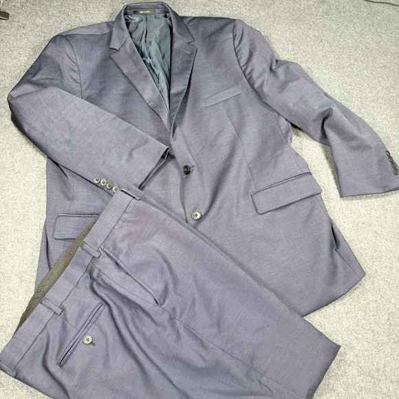 Mens 2 Button Suit Set Blazer and Trousers Blue Grey Textured Modern Fit