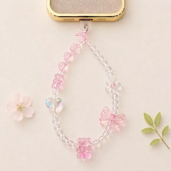Beaded hand-held lanyard chain, phone wrist strap pink bear butterfly wristlet
