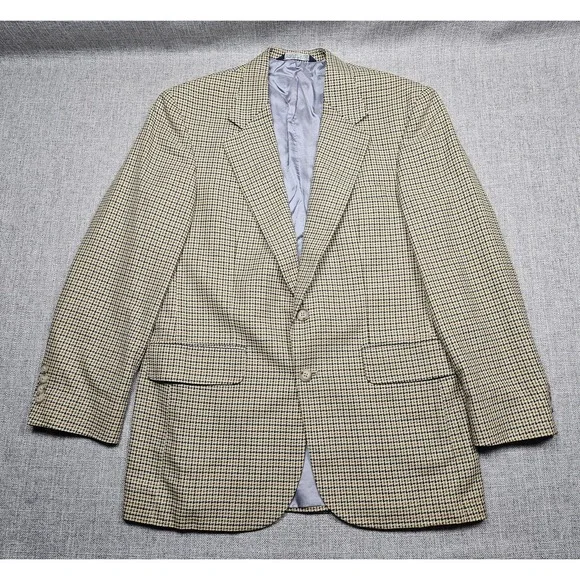 Lands End Blazer Mens 44 Wool Silk Blend Brown Houndstooth Check Made USA Jacket