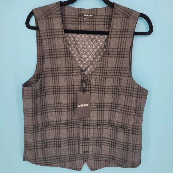 New Murano Suit Vest Mens Size M Plaid Formal Business Casual Grey Plaid Button