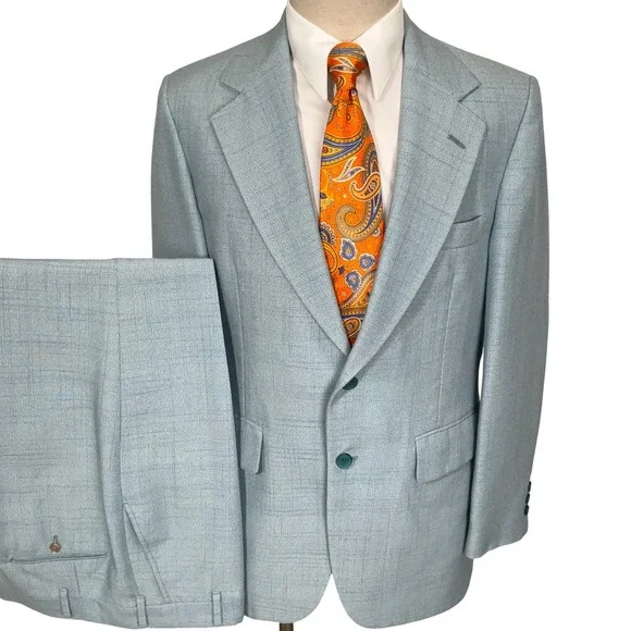 Johnny Carson Suit Mens 41R 35W 31L Light Blue Windowpane 70s Style Retro Kitsch