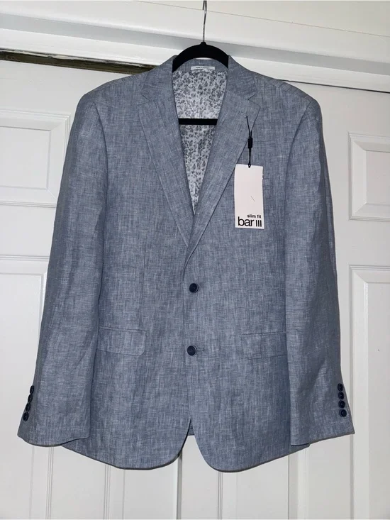 Bar III Slim Fit 100% Linen Sport Coat Blazer Light Blue 40R NWT