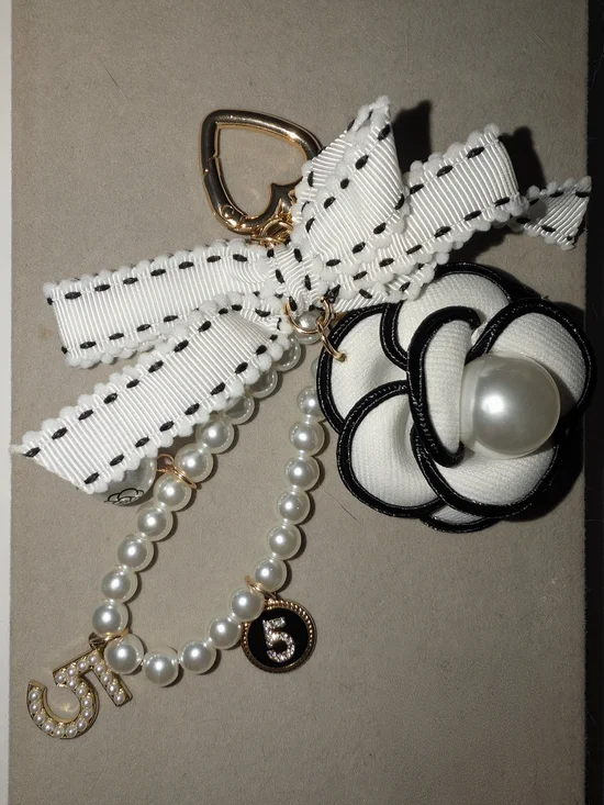 Pearl Charm Bow Keychain with Camellia Flower Cellphone Charm