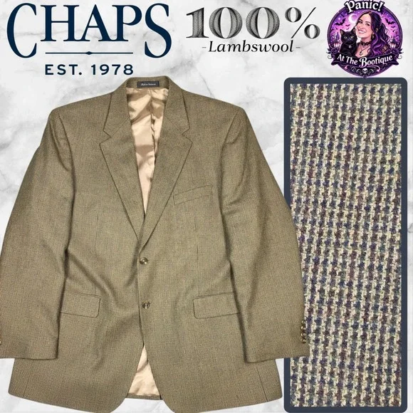 Chaps Blazer Mens 46L Lambswool Tan Birdseye Tweed Sport‎ Coat Classic Academic
