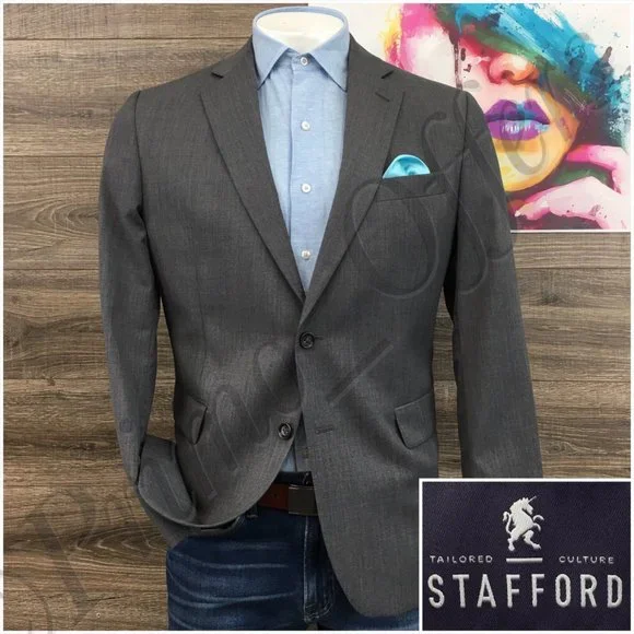 Stafford Mens Blazer Sport Coat Casual Button Jacket Size 42R Wool Classic Suits