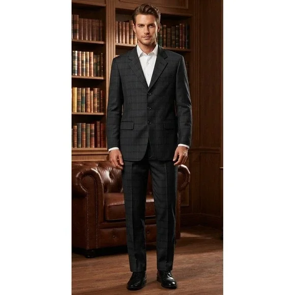 Zacchi Classico Italiana Men's 2pc Suit Grey Windowpane 38R Jacket 33 Pants