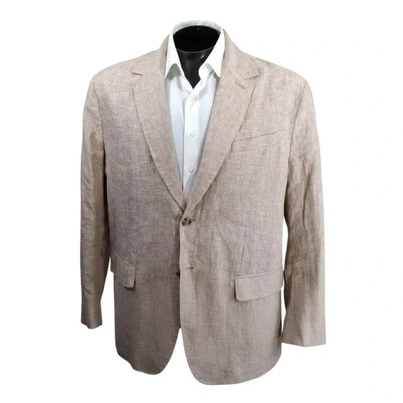 Bleecker & Broad Traditional Fit Blazer Mens XL ~52L Khaki Linen Sport Coat