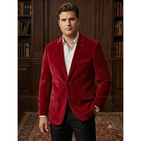 Madison Slim Fit Luxe Velvet Blazer Men's 54L Red Burgundy Jacket Coat Cotton