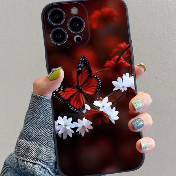 3for$20 1pc Black Anti-Drop Edged Butterfly & Flower Painted Phone 15 pro max