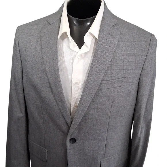 J.M. Haggar Blazer Men 44R Light Gray Glen Plaid Slim Fit Two Button Double Vent