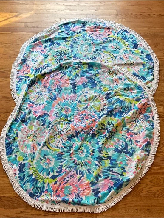 Lilly Pulitzer Pastel Floral Fringe Round Towel - White, Pink, Green, Aqua