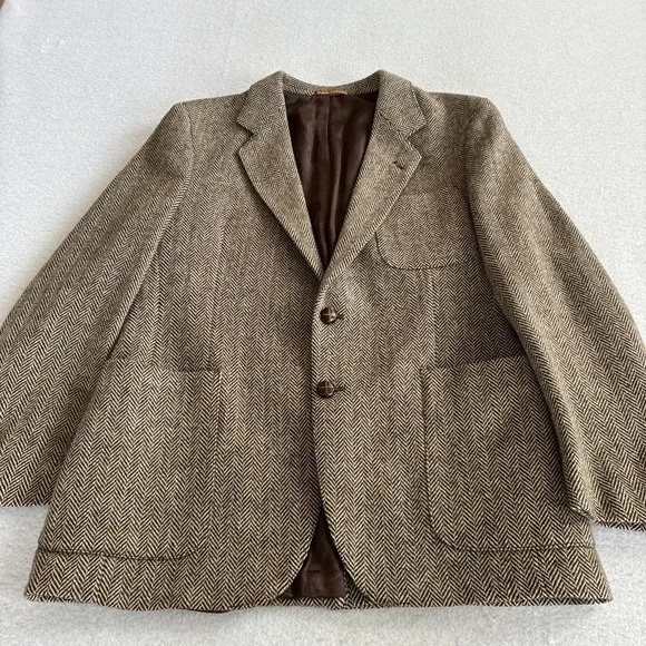 Vintage 70s Herringbone Blazer Mens 38S Tweed Wool Sport Coat Dark Academia