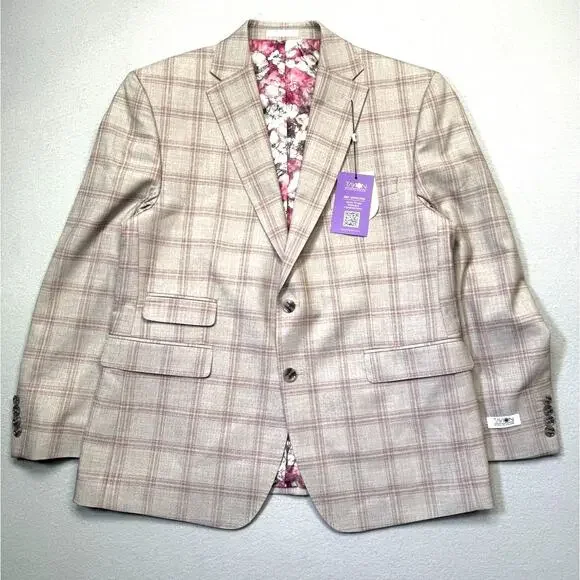 Tayion Collection Mens Regular-Fit Suit Jacket windowpane Tan/pink 42S $360