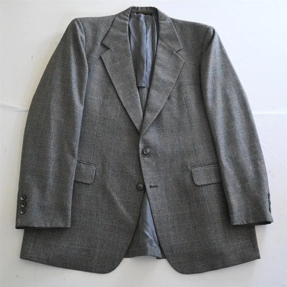 Vtg 60s USA‎ Made 44L Gray Check Wool Mens Blazer Suit Jacket Sport Coat