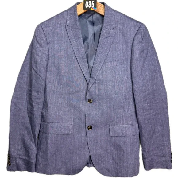 H&M Blazer Mens 38R Blue 100% Linen Slim Fit Two Button Sport Coat Jacket