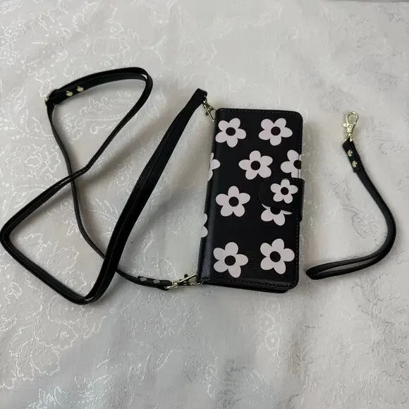 Samsung Galaxy Phone S25 Ultra Wallet Case Black Pink Flowers w/ Wrist Strap
