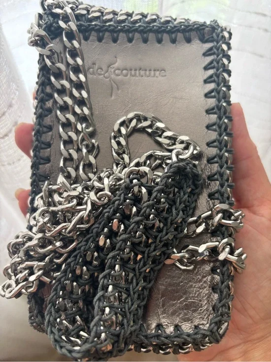Chain-Trim Metallic Crochet Phone Bag